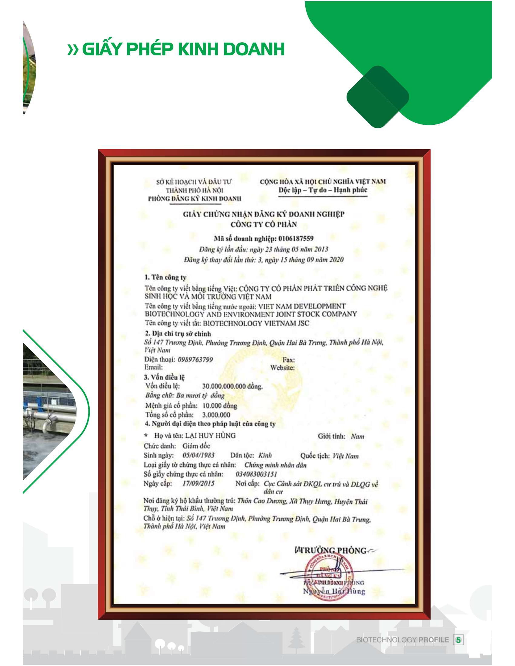 Giấy phép kinh doanh của Biotech